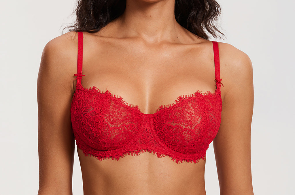 Women's Eyelash Lace Balconette Bra Lipstick Red