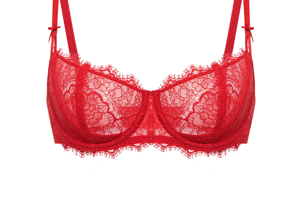 Women's Eyelash Lace Balconette Bra Lipstick Red