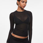 INLYRIC Women's Cosnufy® Mesh Sheer Long Sleeve Top Snow White