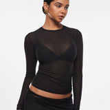 INLYRIC Women's Cosnufy® Mesh Sheer Long Sleeve Top Snow White