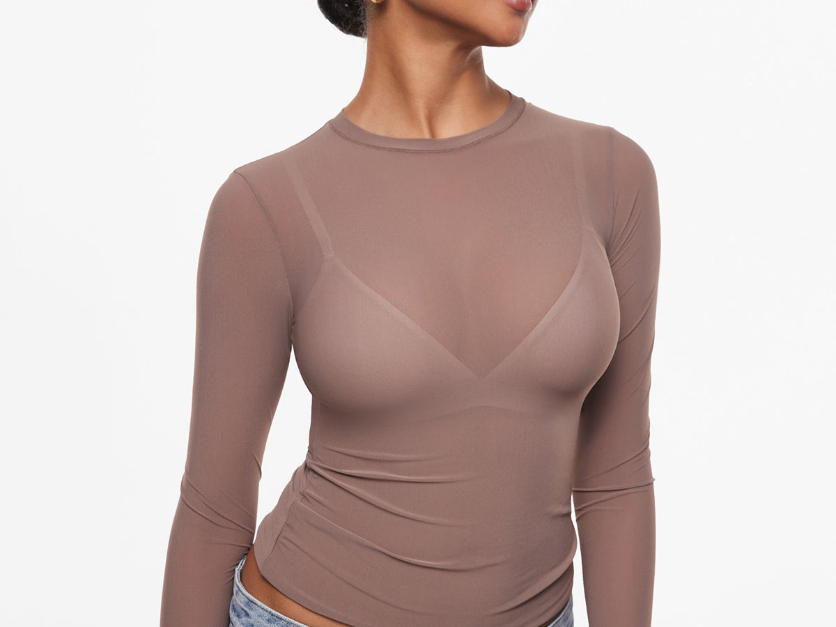 INLYRIC Women's Cosnufy® Mesh Sheer Long Sleeve Top Black