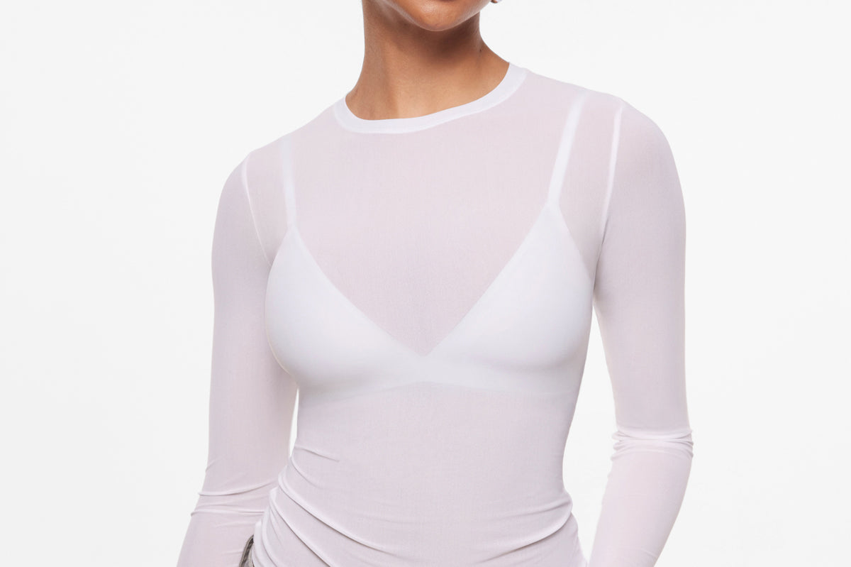 INLYRIC Women's Cosnufy® Mesh Sheer Long Sleeve Top Snow White