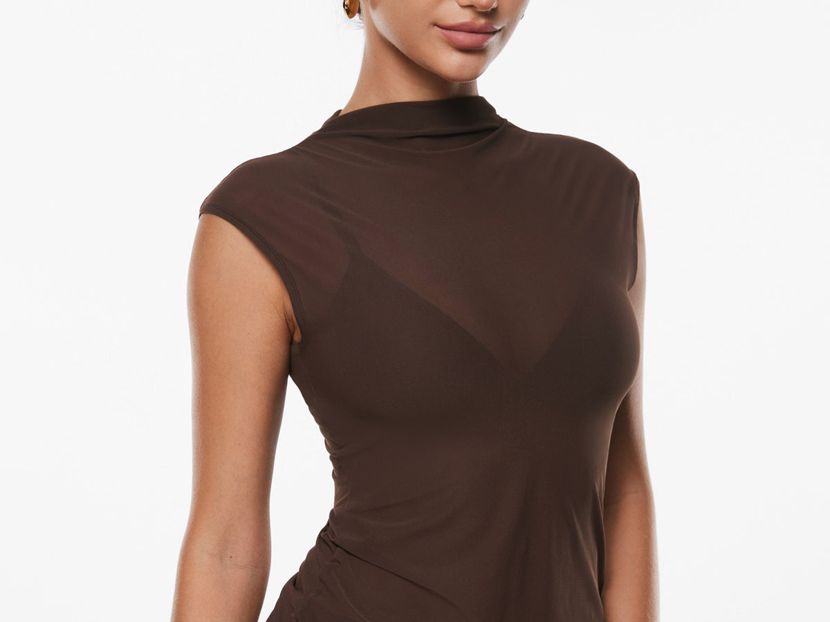 Cosnufy® Sheer Mesh Mock Neck Tank Top Snow White