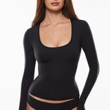Women's Deep U Neck Long Sleeves Top Black