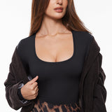 Women's Deep U Neck Long Sleeves Top Black