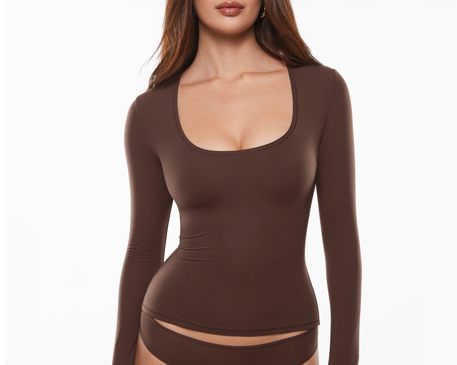 Women's Deep U Neck Long Sleeves Top Hazelnut