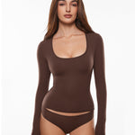 Women's Deep U Neck Long Sleeves Top Hazelnut