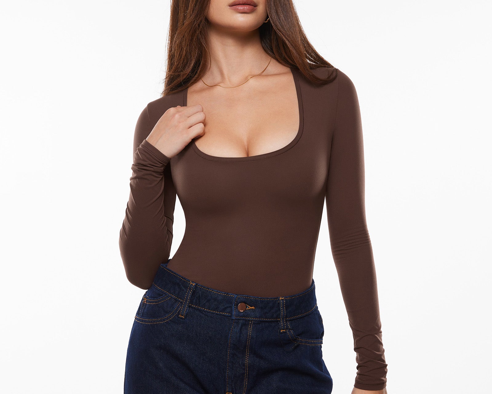 Women's Deep U Neck Long Sleeves Top Hazelnut
