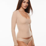 Women's Deep U Neck Long Sleeves Top Wheat Beige