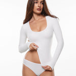 Women's Deep U Neck Long Sleeves Top Snow White