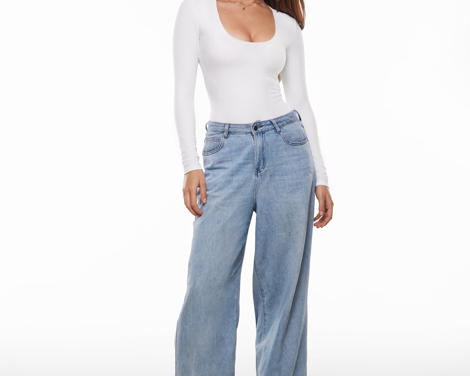 Women's Deep U Neck Long Sleeves Top Snow White