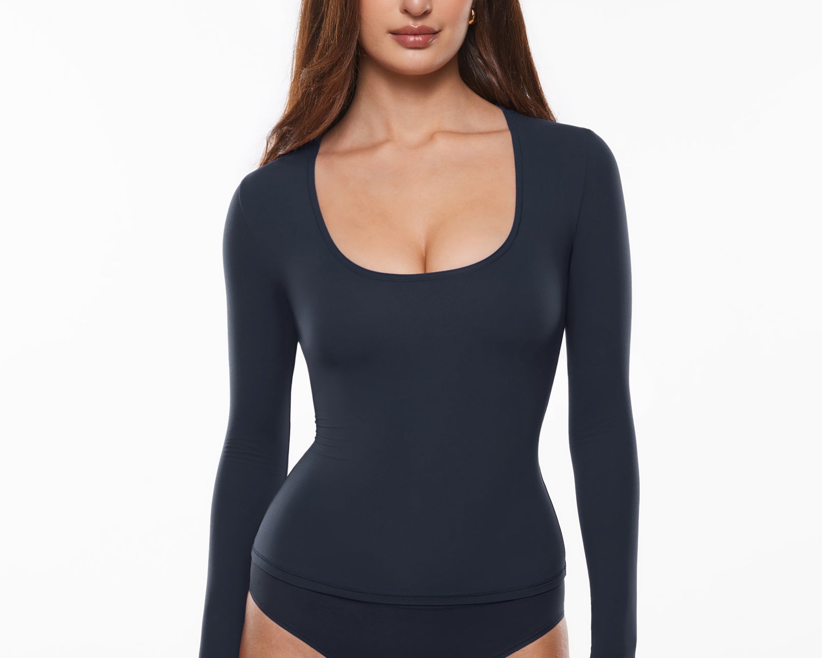 Women's Deep U Neck Long Sleeves Top True Navy