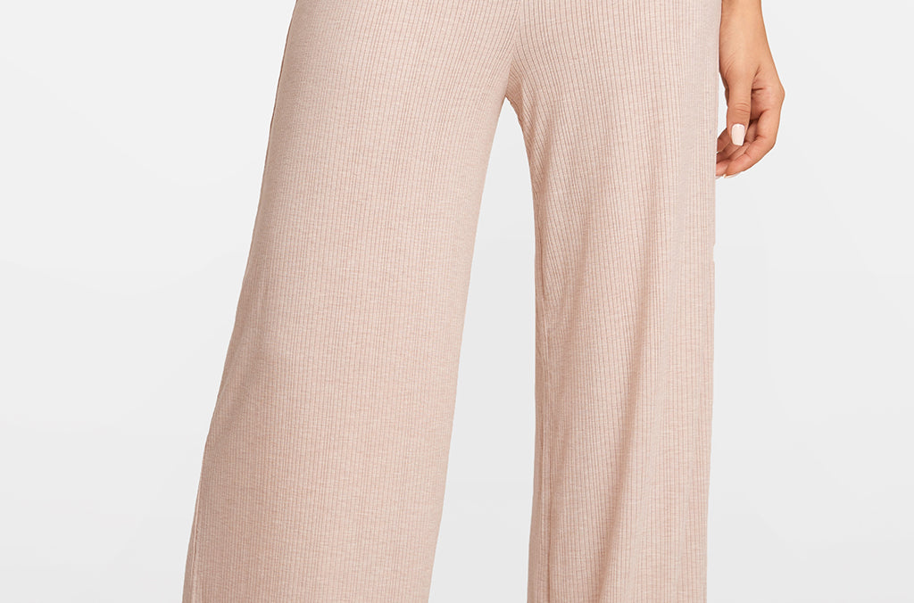 Modal Ribbed Wide Leg Casual Pants Light Khaki Heather