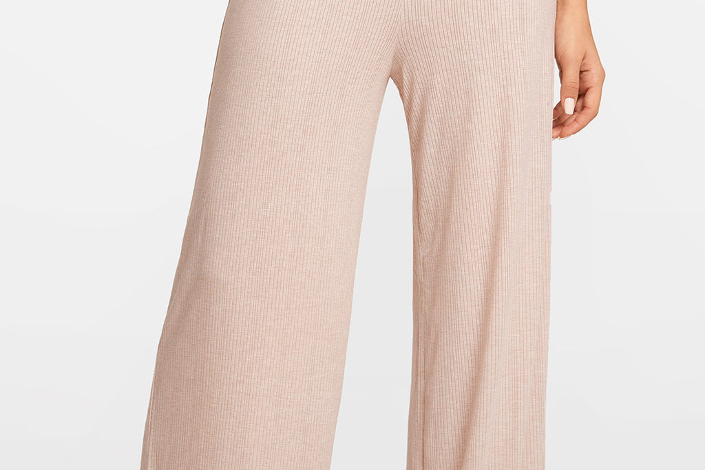 Modal Ribbed Wide Leg Casual Pants Light Khaki Heather